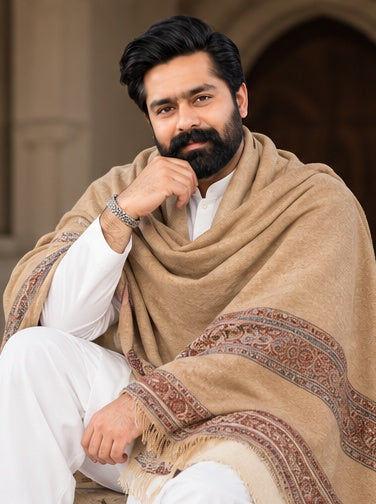 THE ALMOND — Soft Cream Signature Shawl worn by Saqib Khan Chadhar
